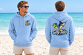 Adult Carolina blue Fish Out of the Water hoodie on a male model, front and back