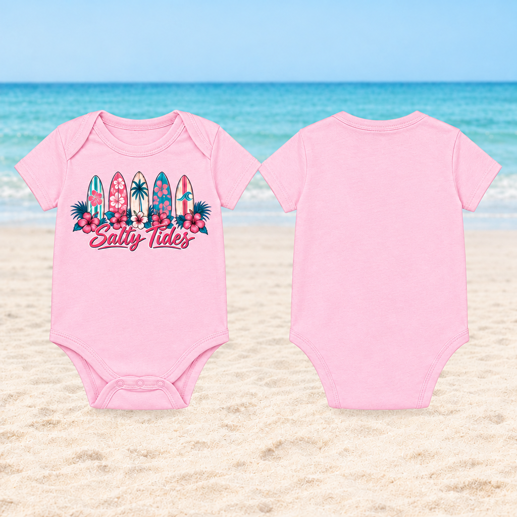 Baby onesie with centered front logo and plain back