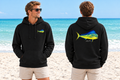 Black Salty Tides Mahi hoodie on a male model, front and back