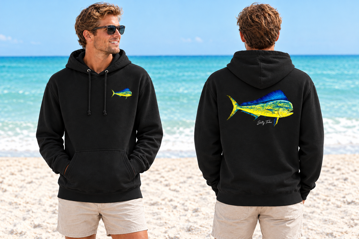 Black Salty Tides Mahi hoodie on a male model, front and back