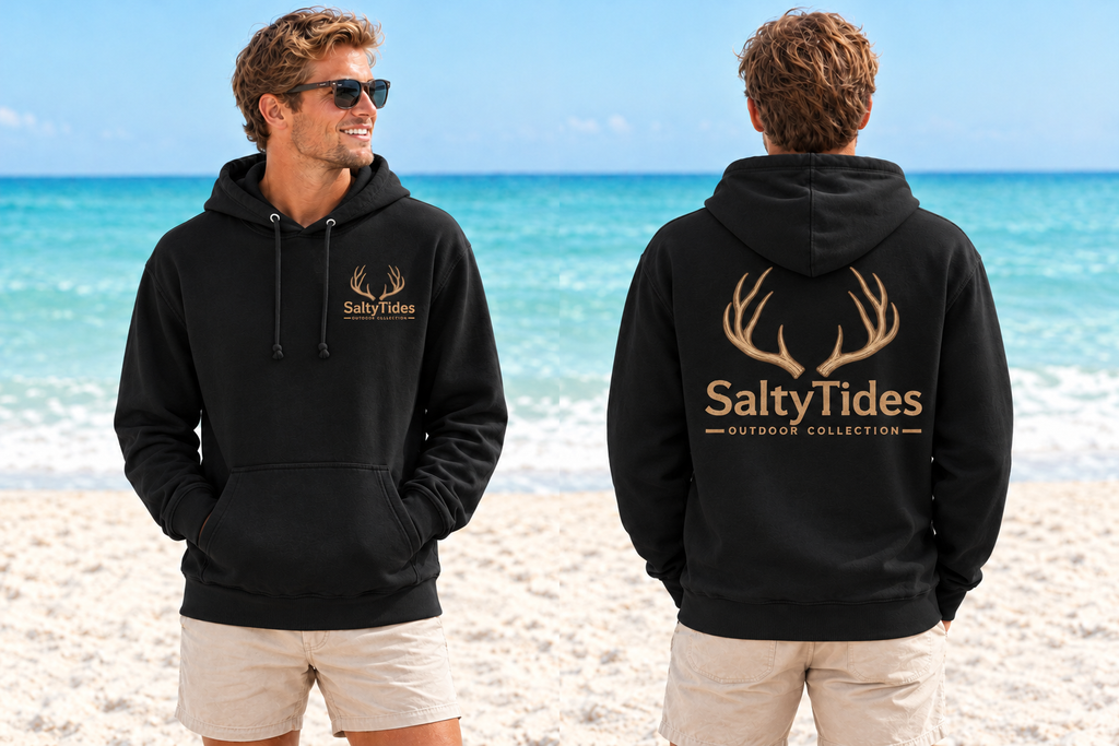 Black SaltyTides Outdoor Collection deer-antler hoodie, front and back