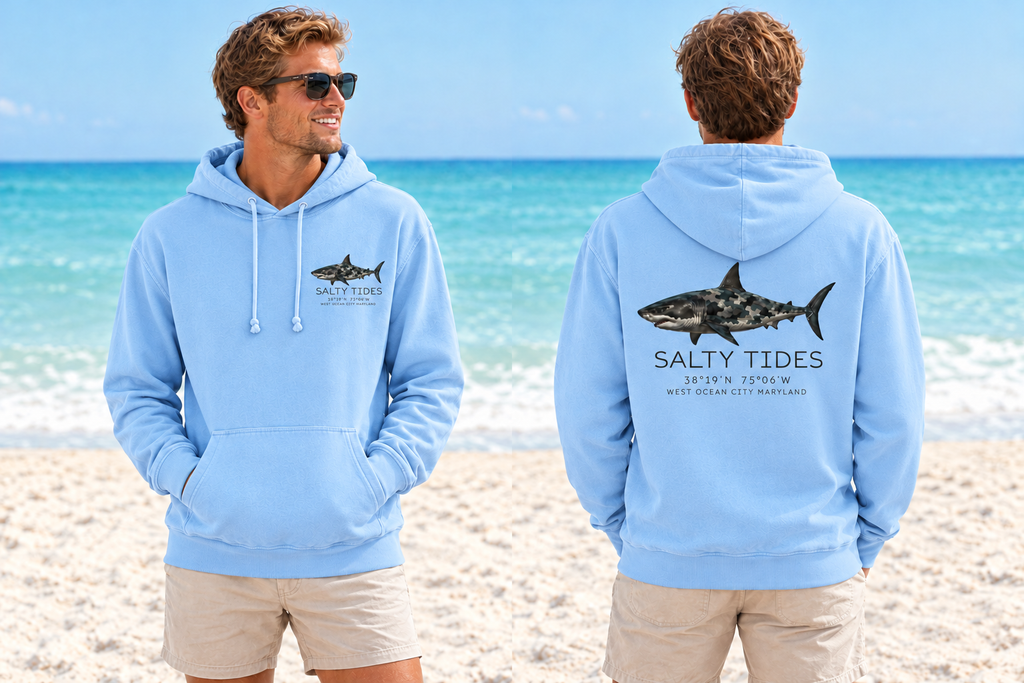 Carolina blue Camo Shark hoodie, front and back