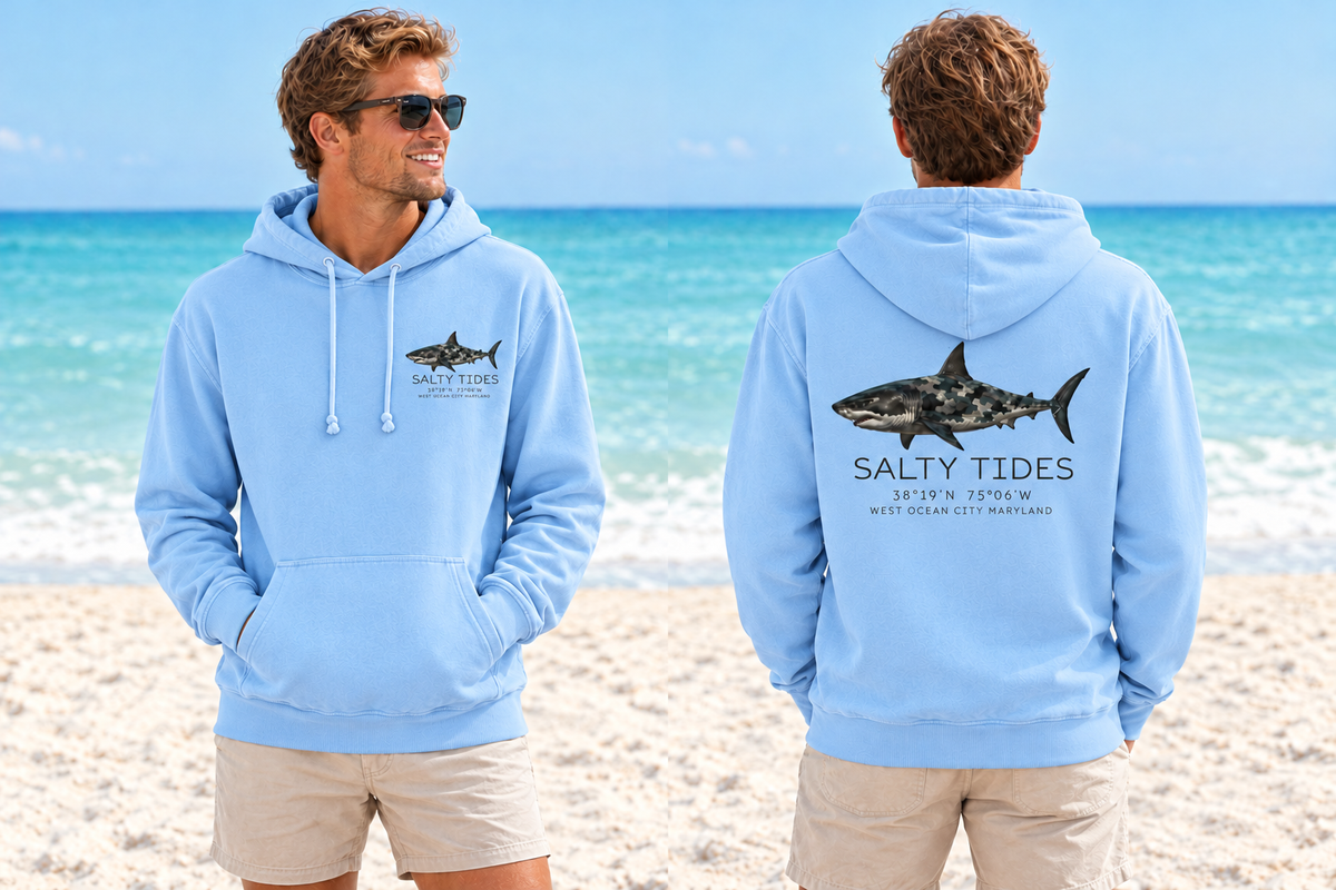 Carolina blue Camo Shark hoodie, front and back