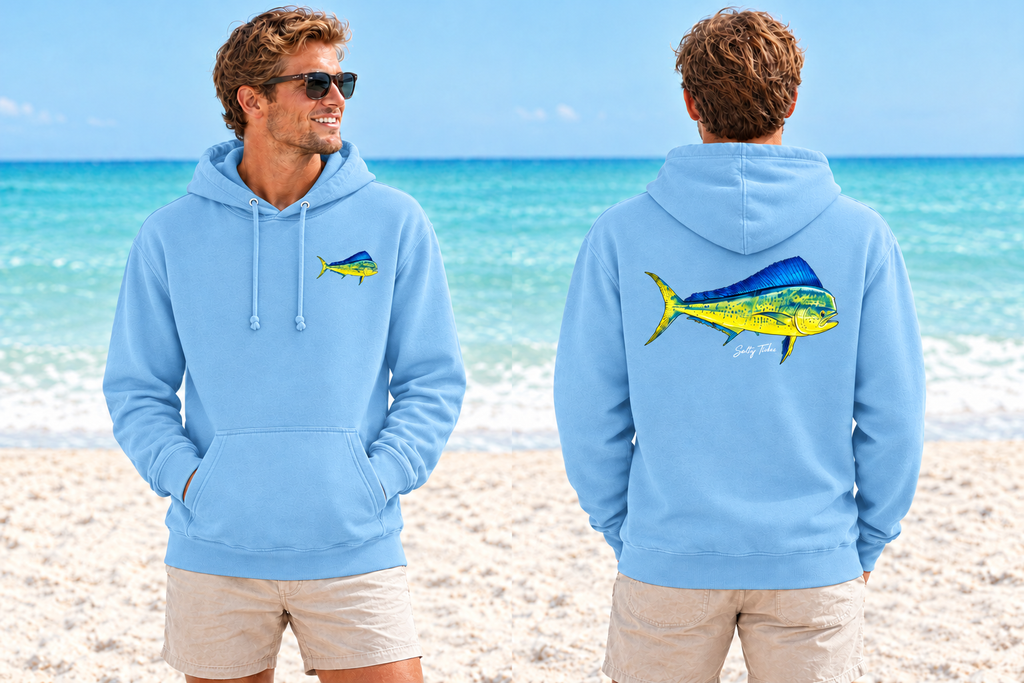 Carolina blue Mahi hoodie, front and back