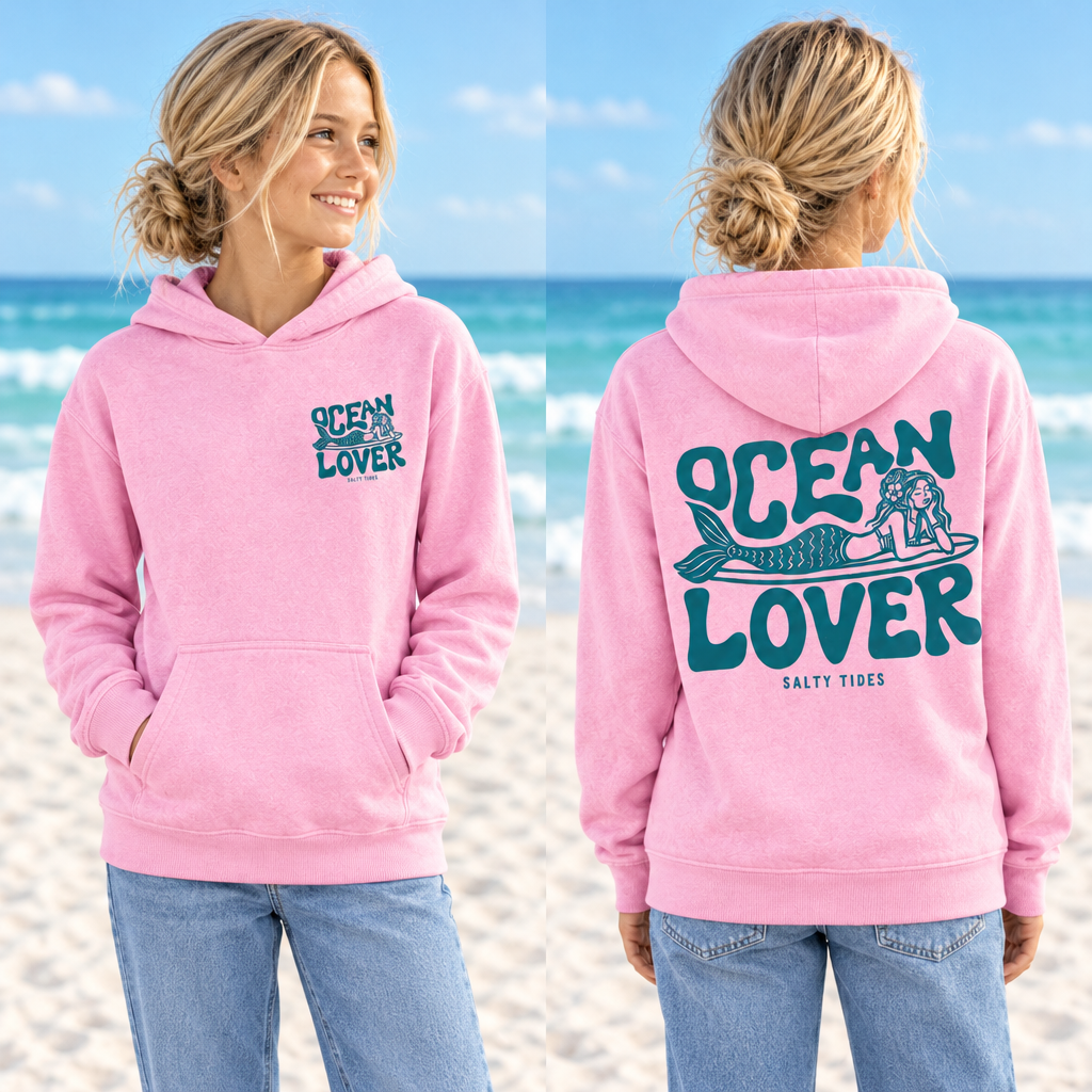 Female youth model wearing the pink Ocean Lover hoodie