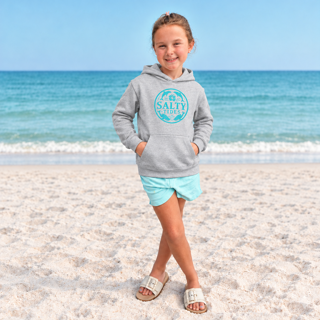 Gray hoodie with transparent teal dolphin logo