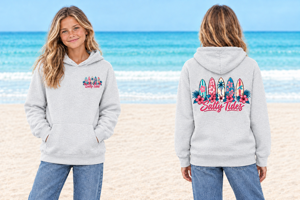 Gray Youth Surfboards hoodie, front and back