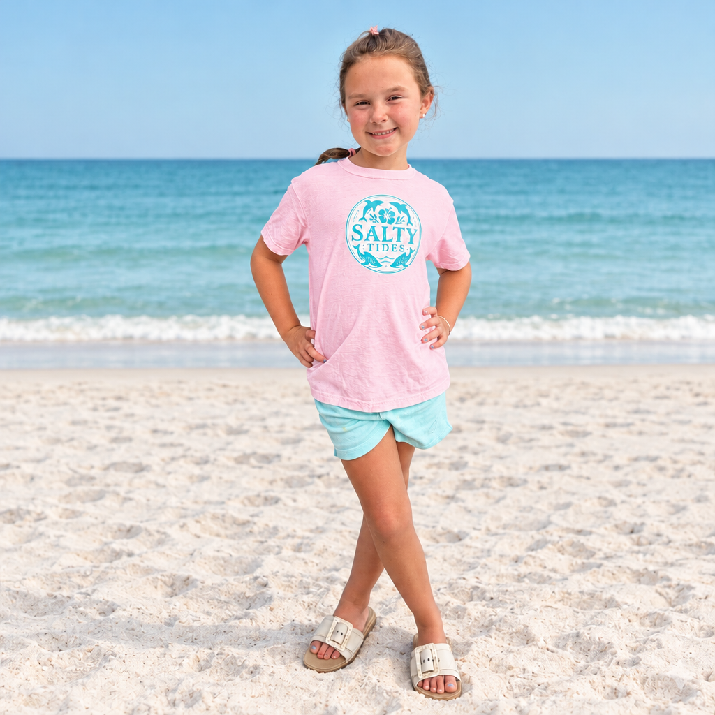 Kids Teal Dolphin design on a pink tee modeled at the beach