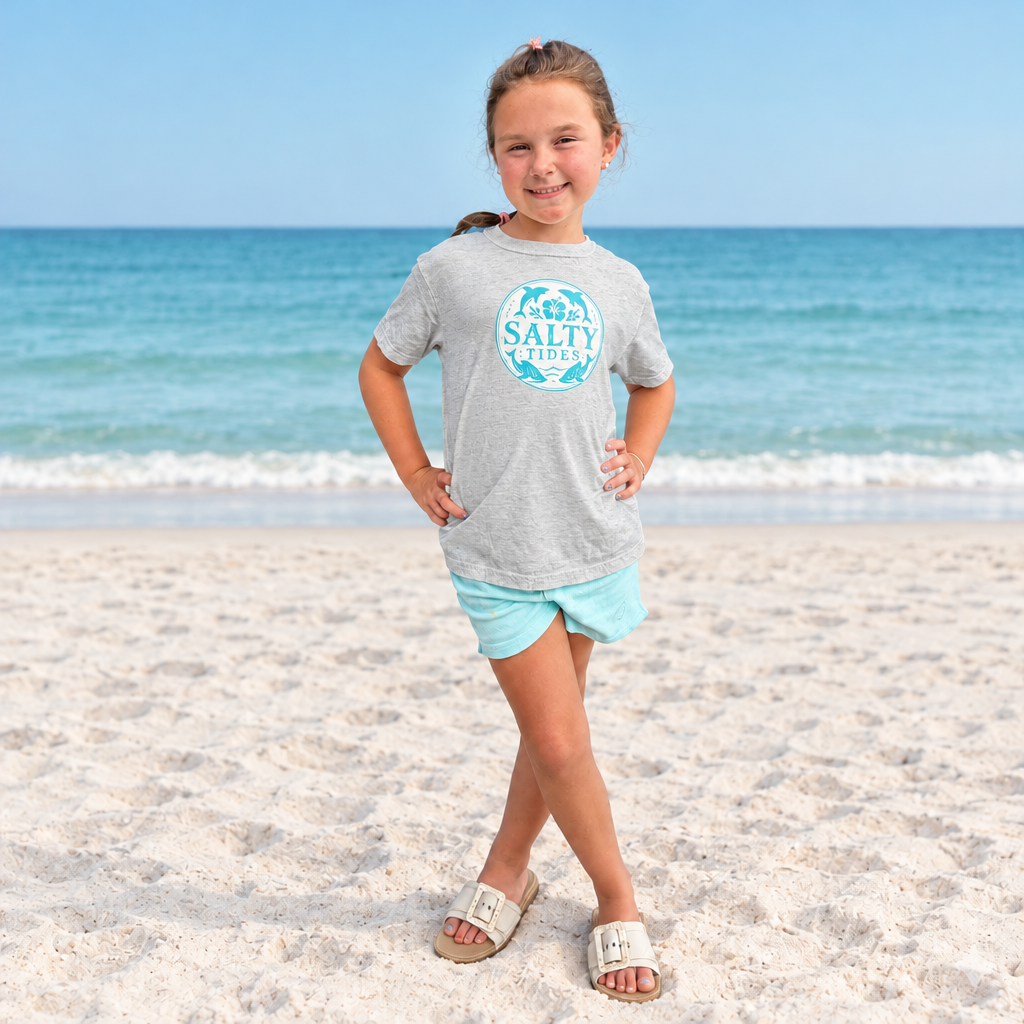 Kids Teal Dolphin design on a gray tee modeled at the beach