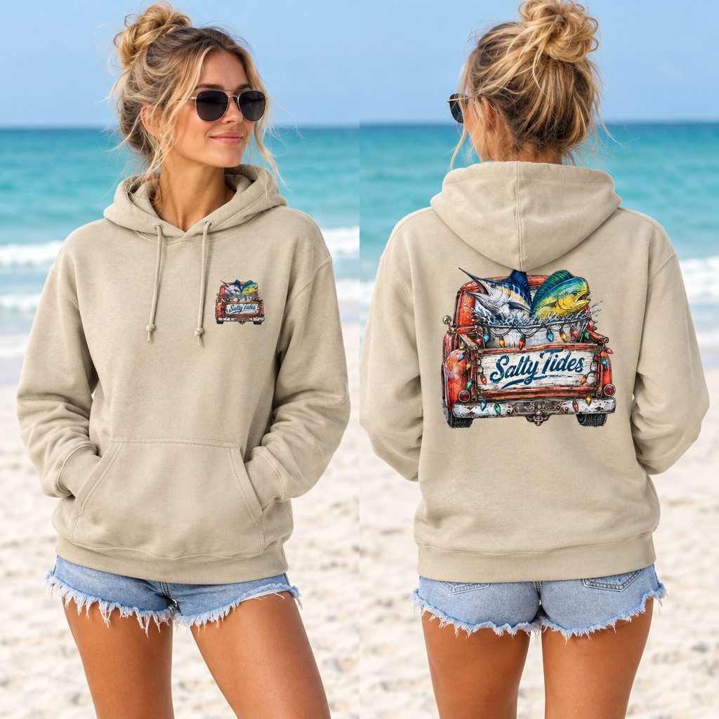 Female model wearing sand Exclusive Christmas Hoodie, front and back views