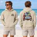 Male model wearing sand Exclusive Christmas Hoodie, front and back views