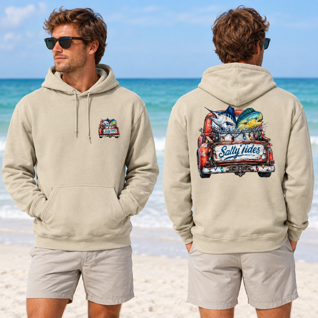Male model wearing sand Exclusive Christmas Hoodie, front and back views