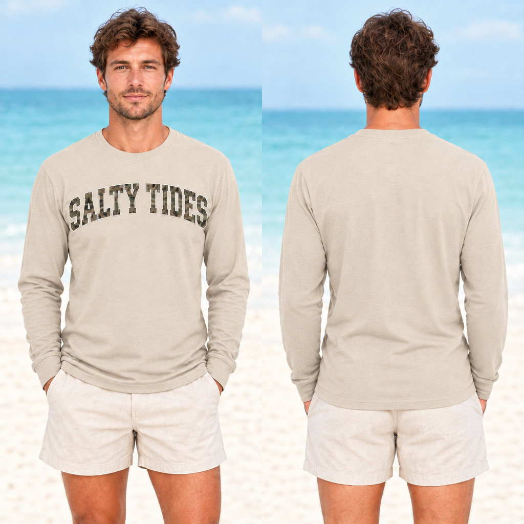 Male model in sand Collegiate Camo long-sleeve tee, front and back