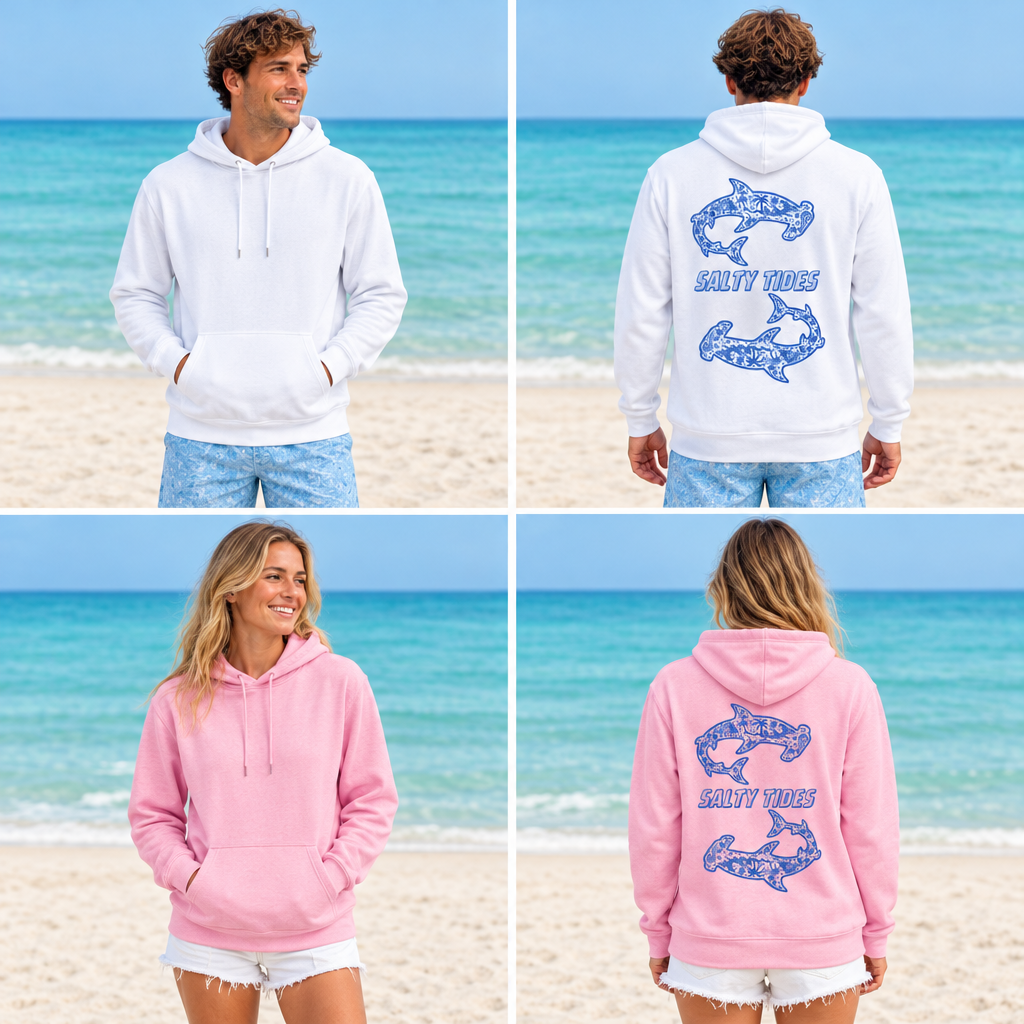 White and pink Shark Hoodies on adult male and female models, front and back views