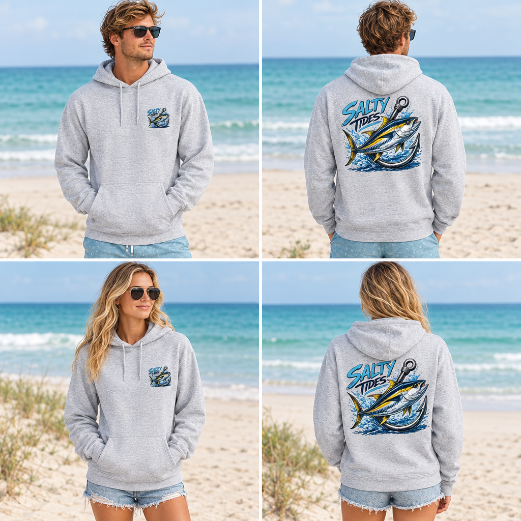 Heather gray Hooked Hoodie on male and female models, small left-chest and large back prints