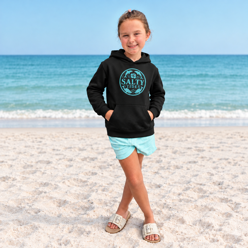 Black Kids Teal Dolphin hoodie with transparent teal logo on child model at beach