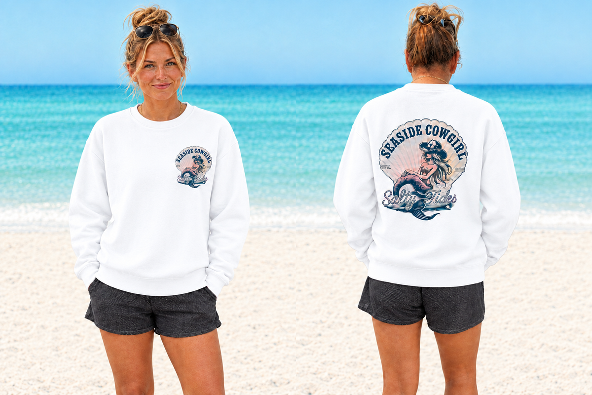 White Seaside Cowgirl crewneck sweatshirt on the same model, front and back views with small left-chest logo and large back artwork