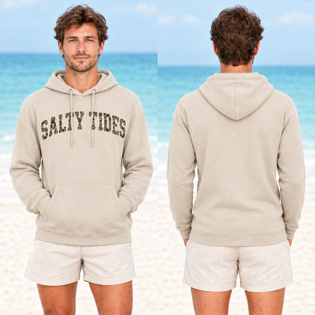 Male model in sand Collegiate Camo hoodie