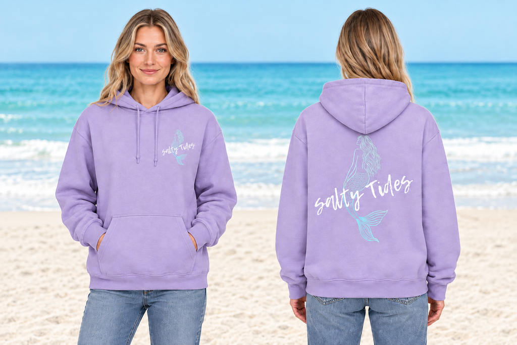 Mermaid Original hoodie front and back with matching beach background
