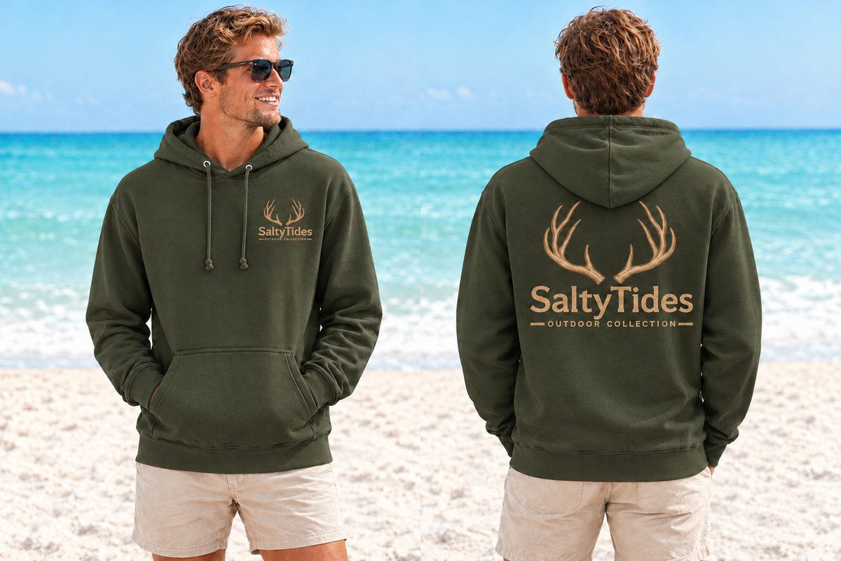 Military green SaltyTides Outdoor Collection hoodie, front and back