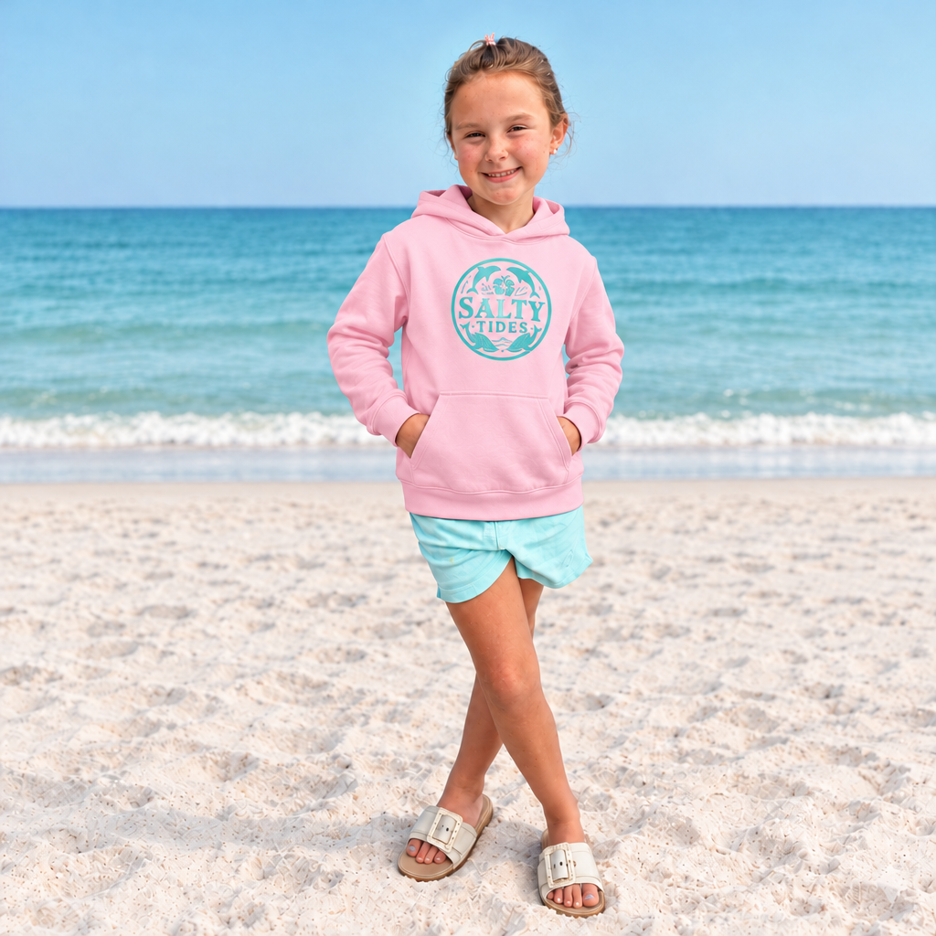 Pink hoodie with transparent teal dolphin logo