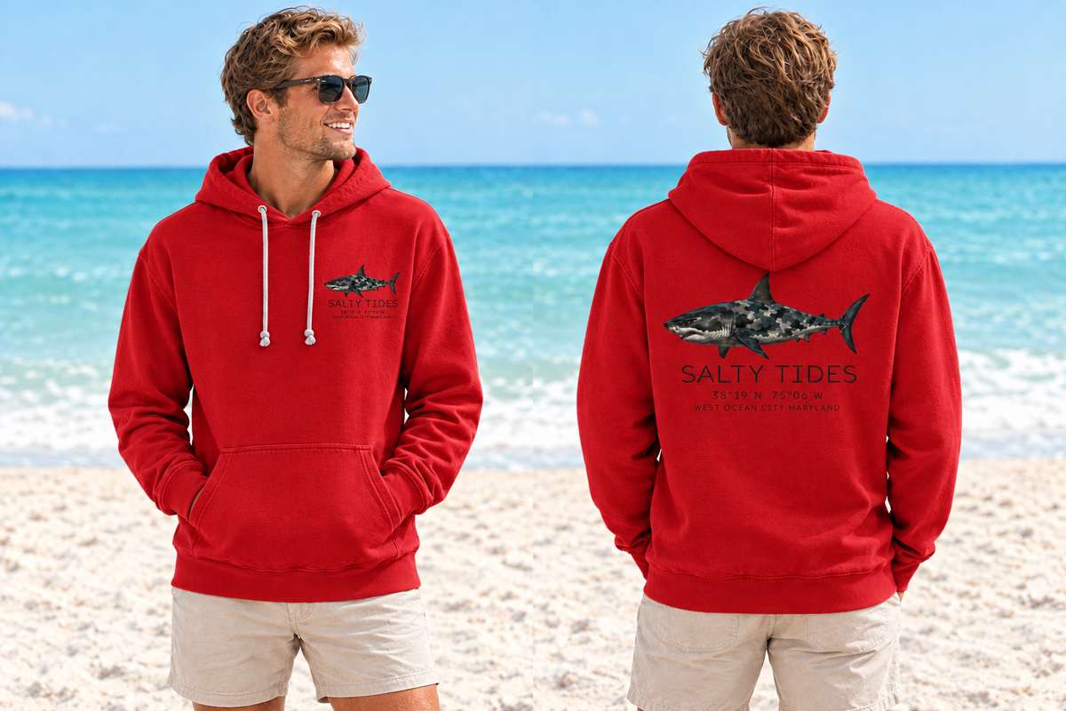 Red Camo Shark hoodie, front and back