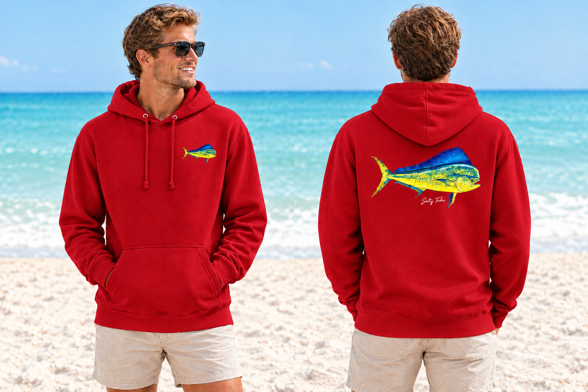 Red Salty Tides Mahi hoodie, front and back