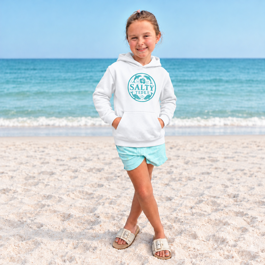 White hoodie with transparent teal dolphin logo