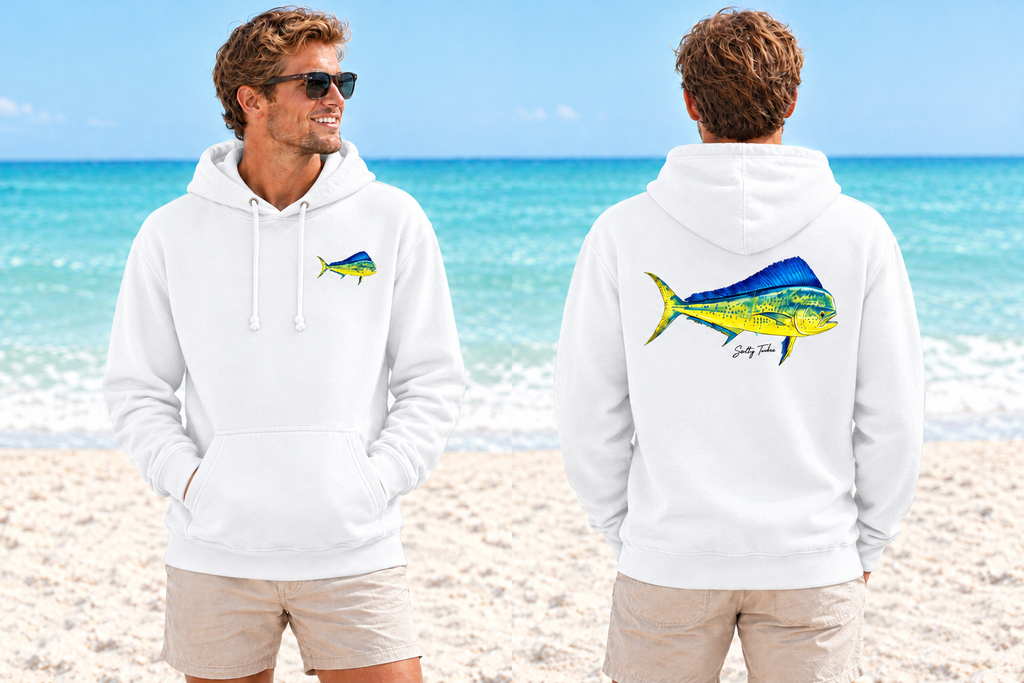 White Mahi hoodie, front and back