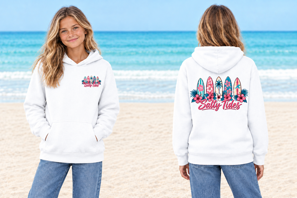 White Youth Surfboards hoodie on the same youth model, front and back