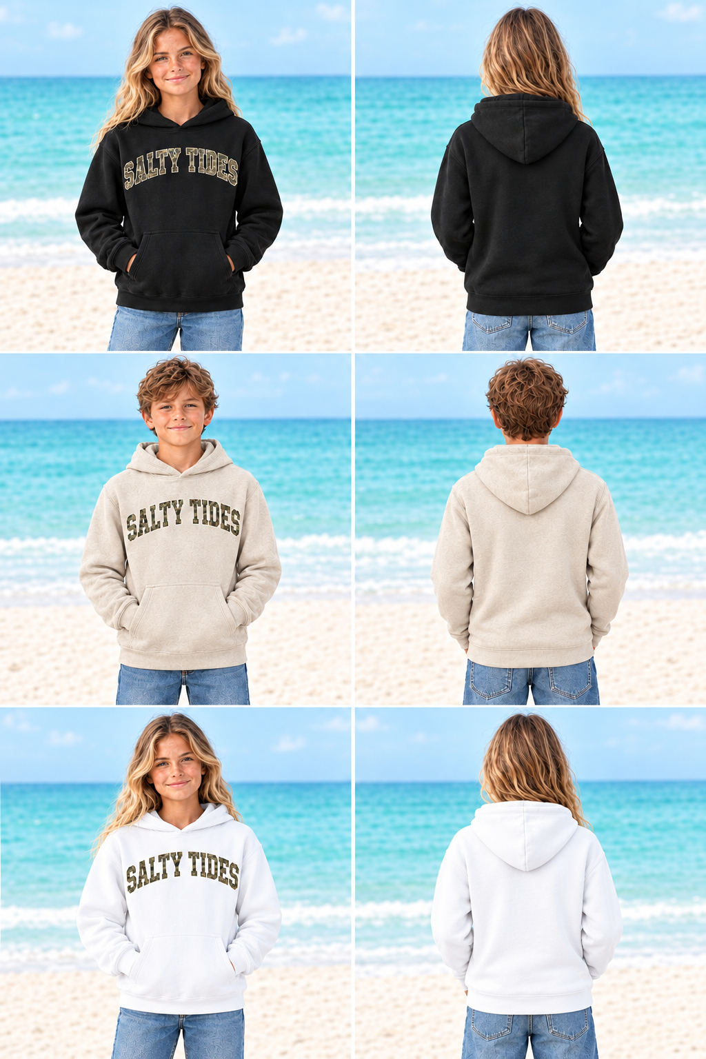Youth Collegiate Camo hoodies in black, beige, and white