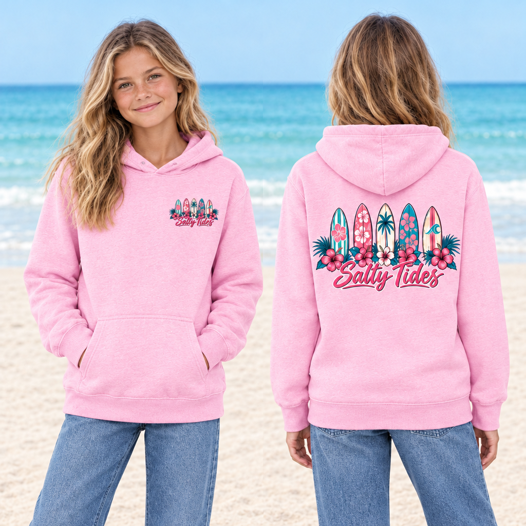 Youth model wearing the pink Surfboards hoodie