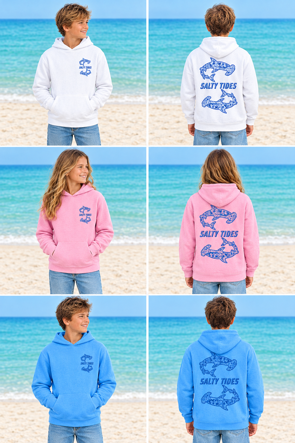 Youth models wearing white, pink, and light blue Shark hoodies